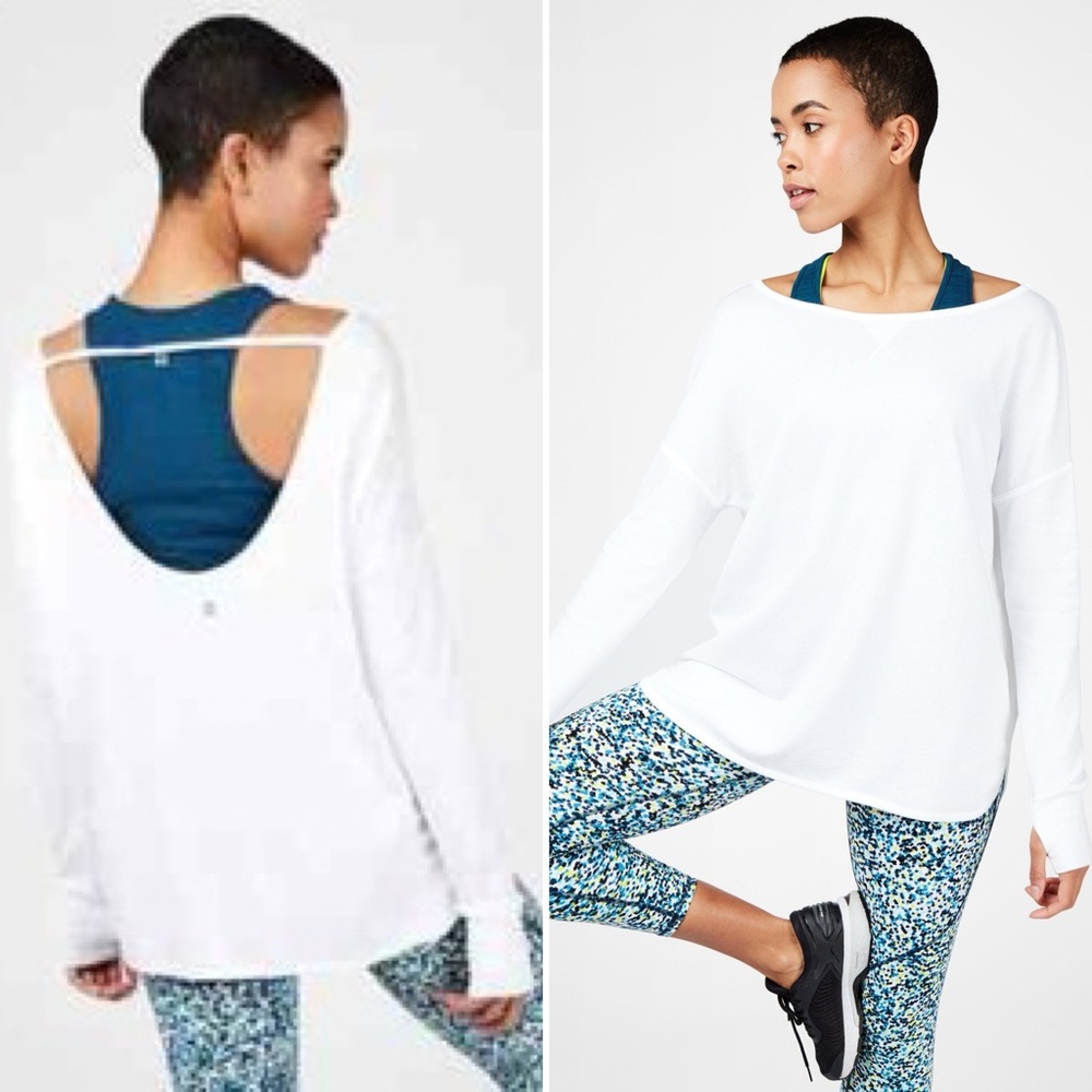 SWEATY BETTY Simhasana Sport Open Back Organic Cotton Sweatshirt in White Size L